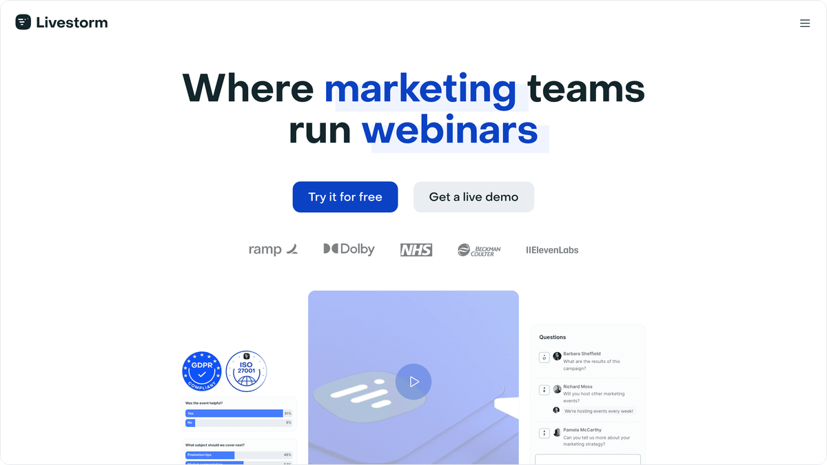 Livestorm homepage showing webinar platform features and marketing automation tools