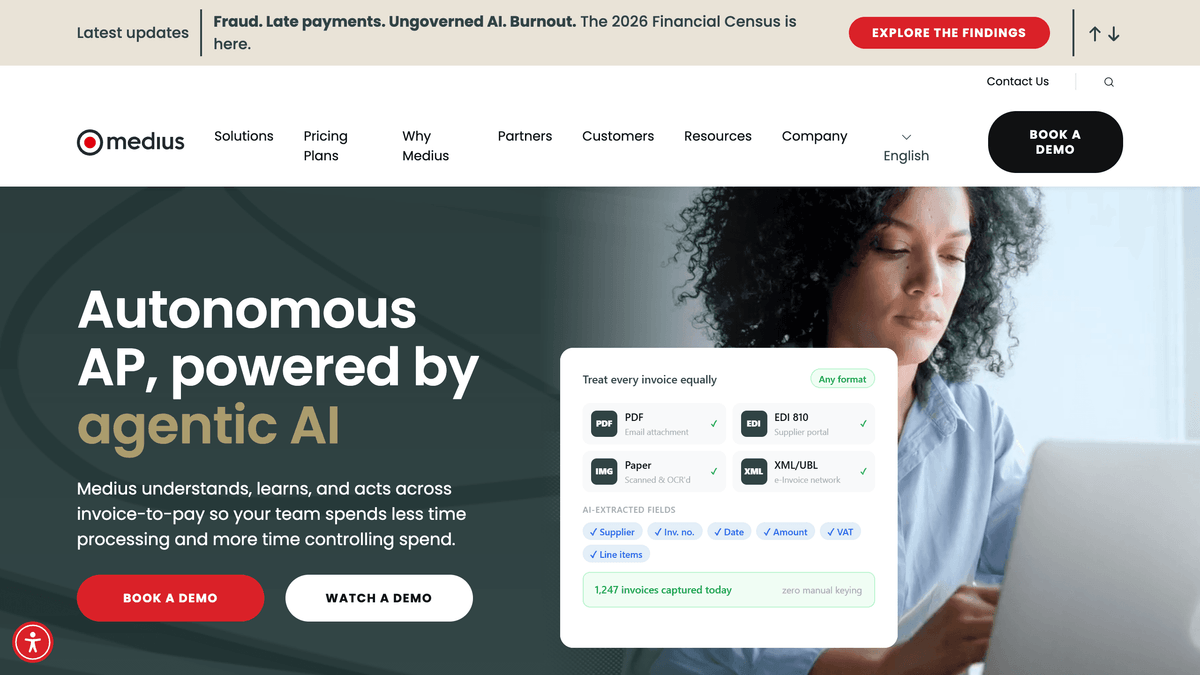 Medius AI-powered AP and spend management suite hero screen for mid-market enterprise finance teams