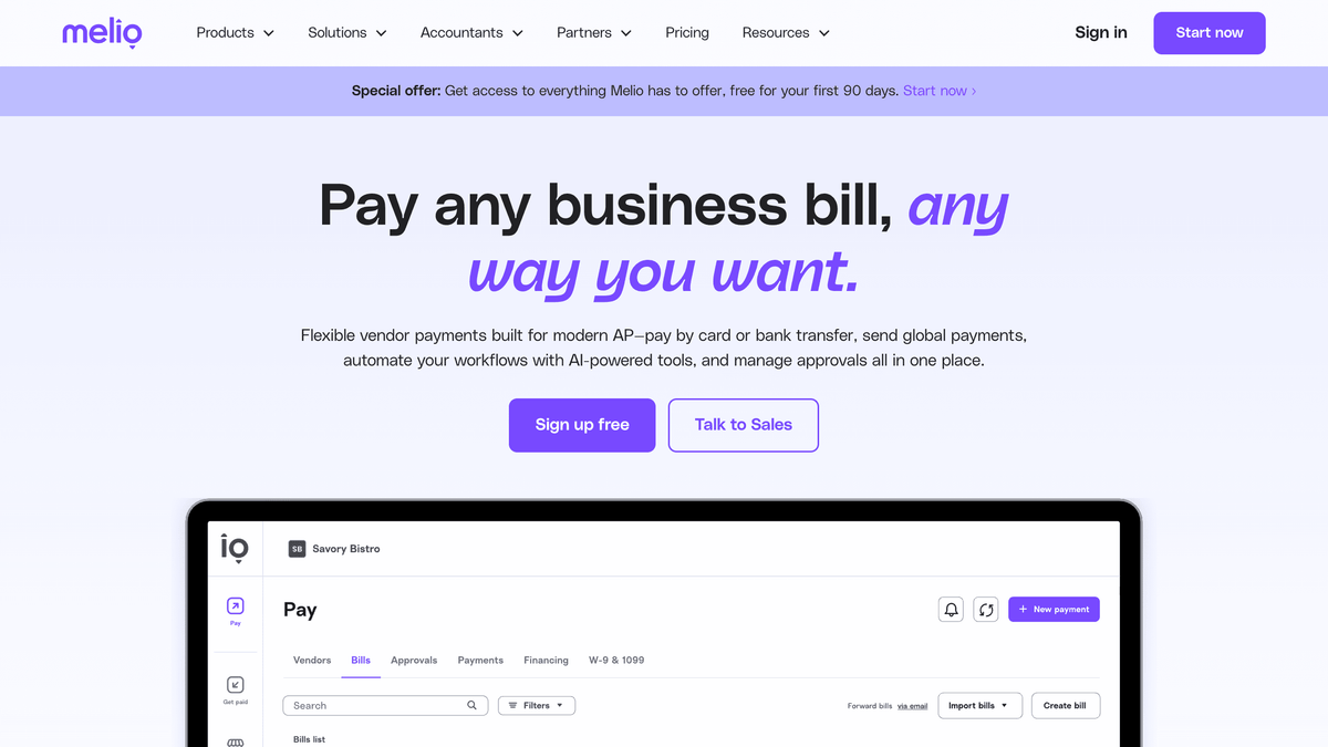 Melio simple bill pay software hero screen for small business vendor payments
