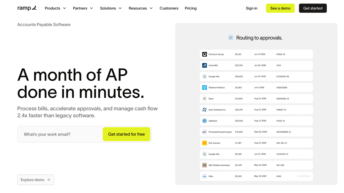 Ramp Bill Pay spend platform hero screen showing AP and expense management in one tool