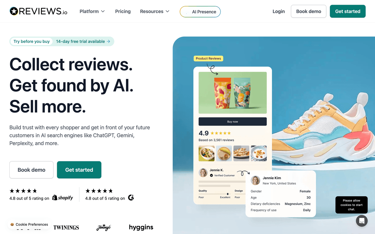 Página inicial do Reviews.io mostrando coleta de avaliações de empresa e de produto para lojas online