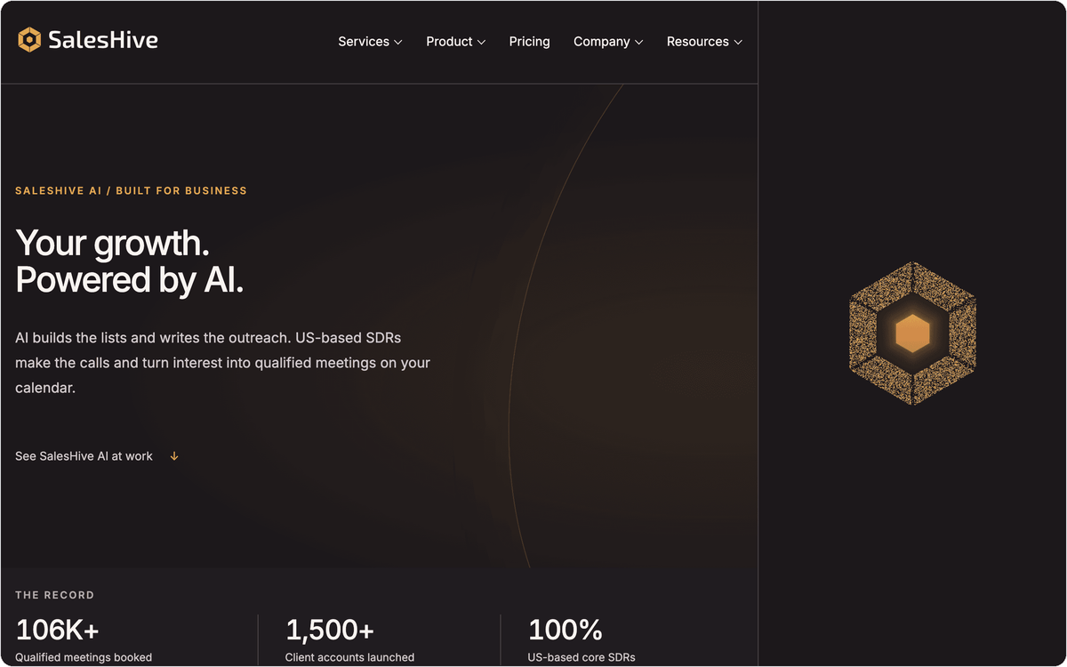 SalesHive homepage, first screen