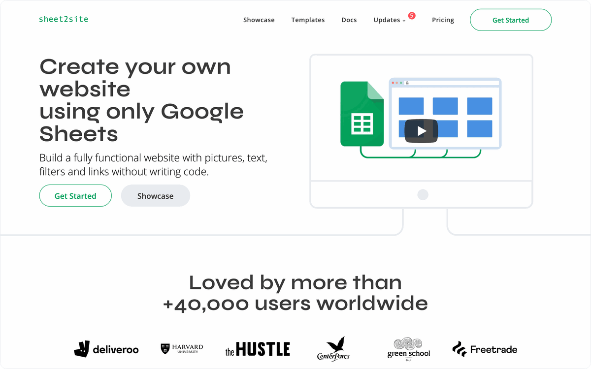 Sheet2Site homepage hero: create your own website using only Google Sheets