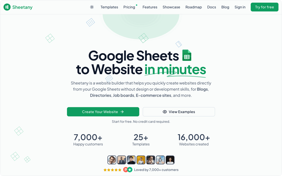 Sheetany homepage hero: Google Sheets to website in minutes