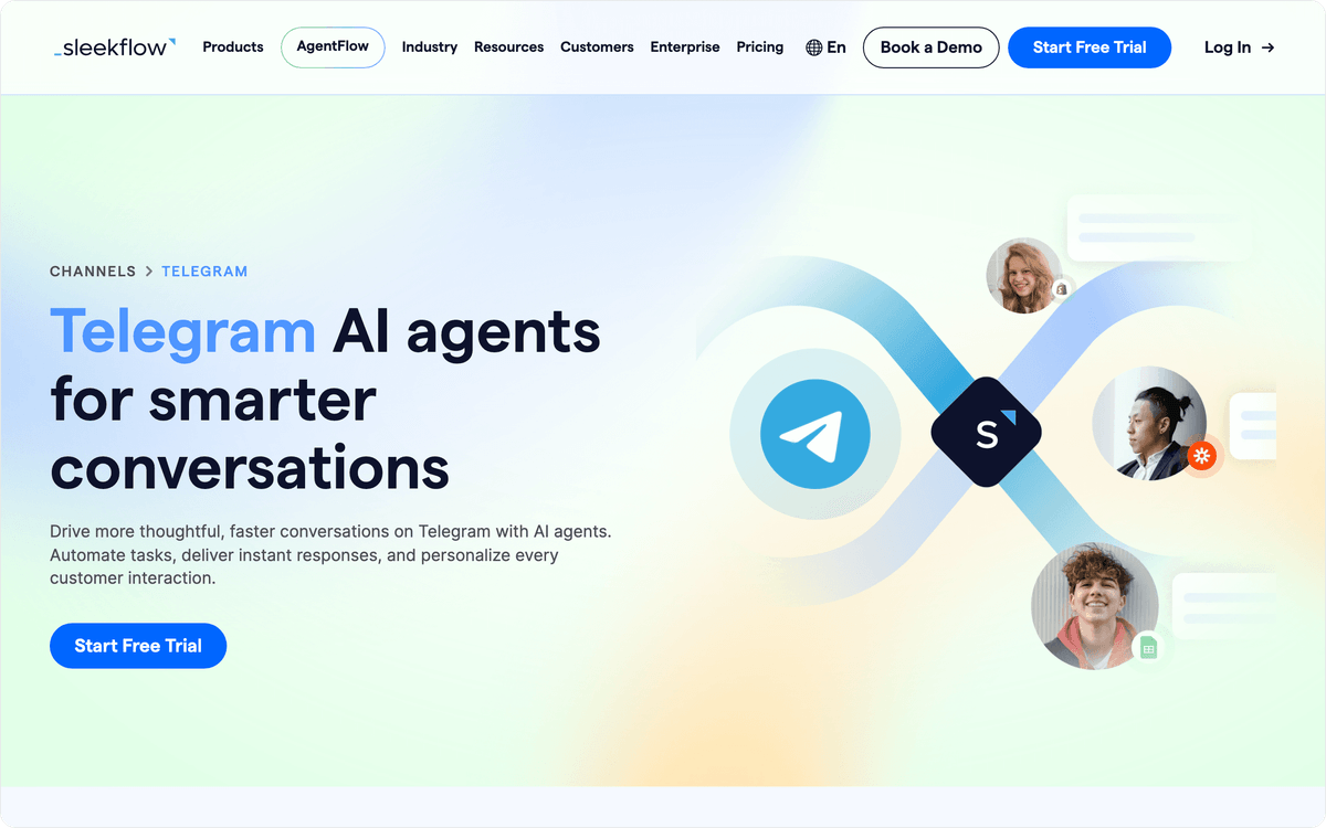 SleekFlow Telegram channel page about Telegram AI agents in its unified inbox
