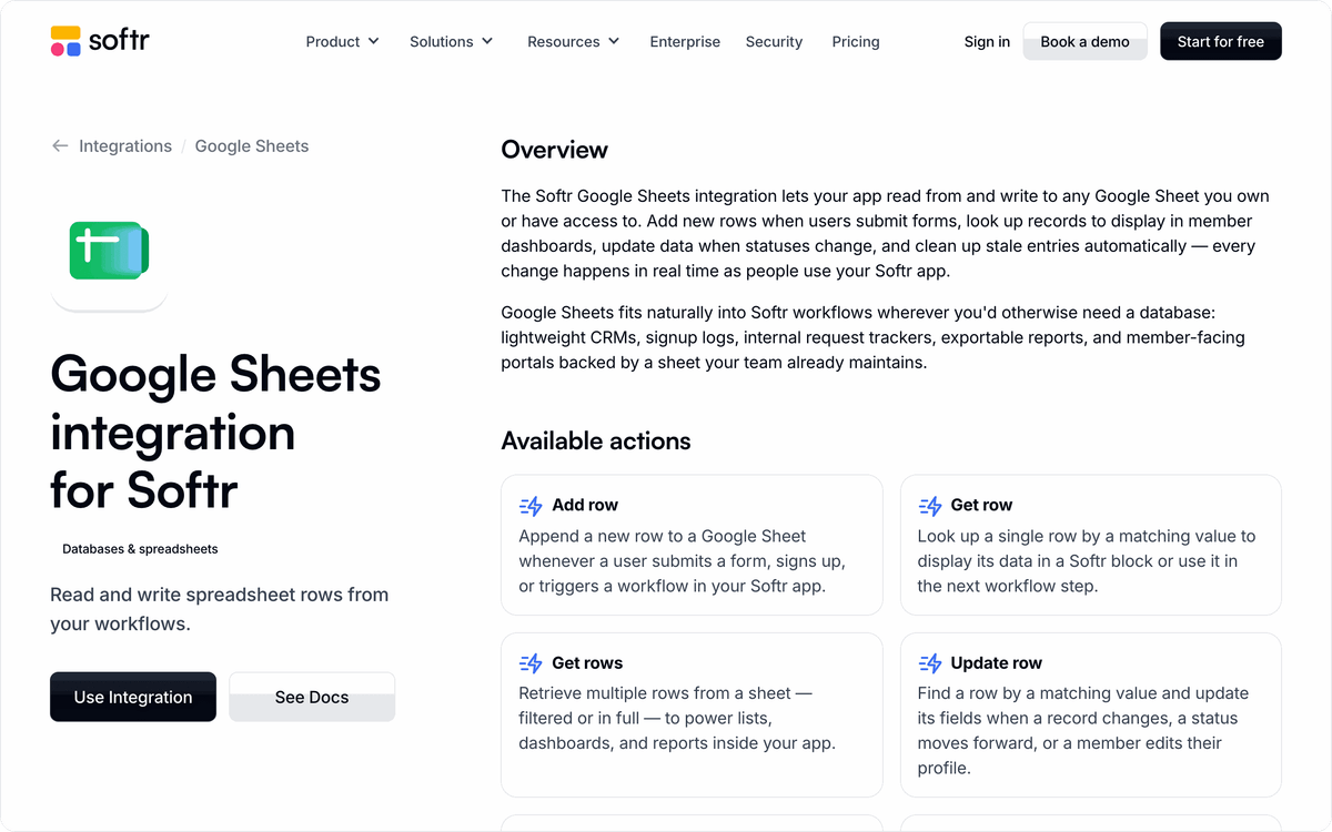 Softr Google Sheets integration page with read and write row actions
