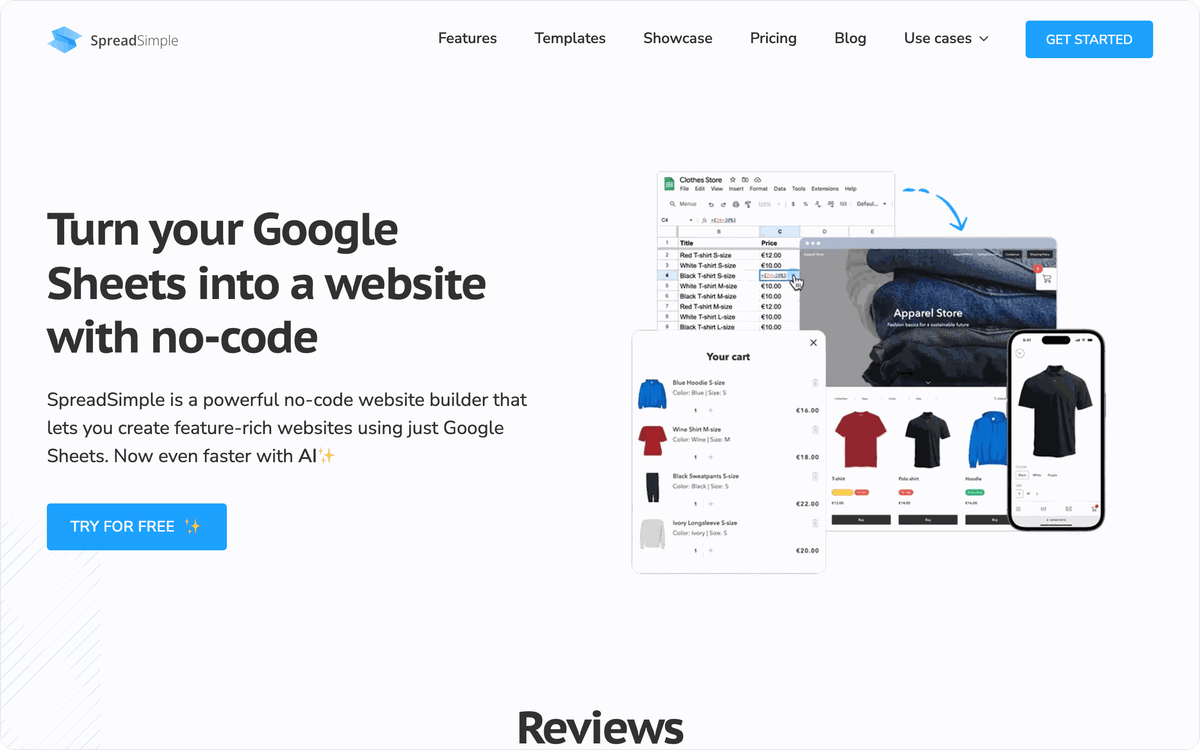 SpreadSimple homepage hero: turn your Google Sheets into a website with no-code