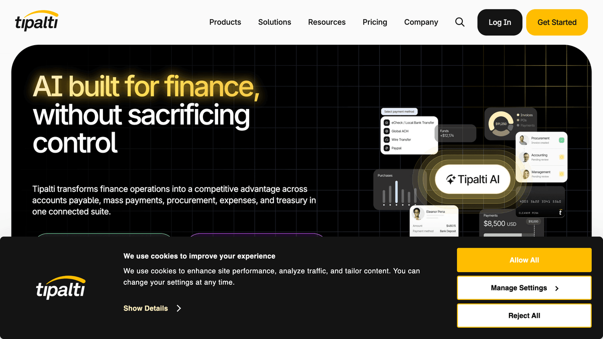 Tipalti global AP automation platform hero screen showing multi-currency payables dashboard