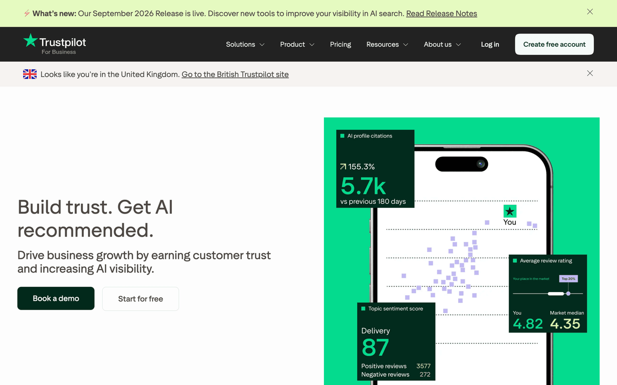 Página de negócios do Trustpilot mostrando avaliações verificadas de compradores para lojas de e-commerce