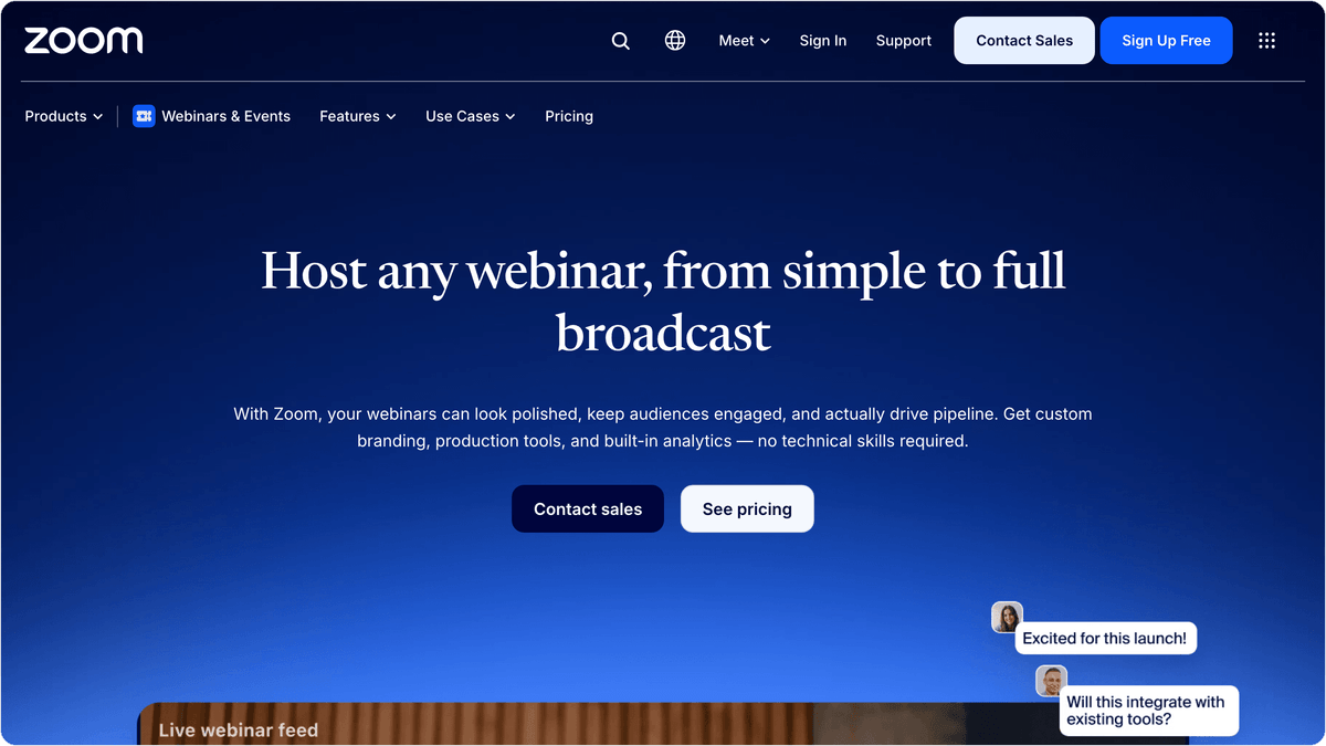 Zoom Webinars product page showing webinar features