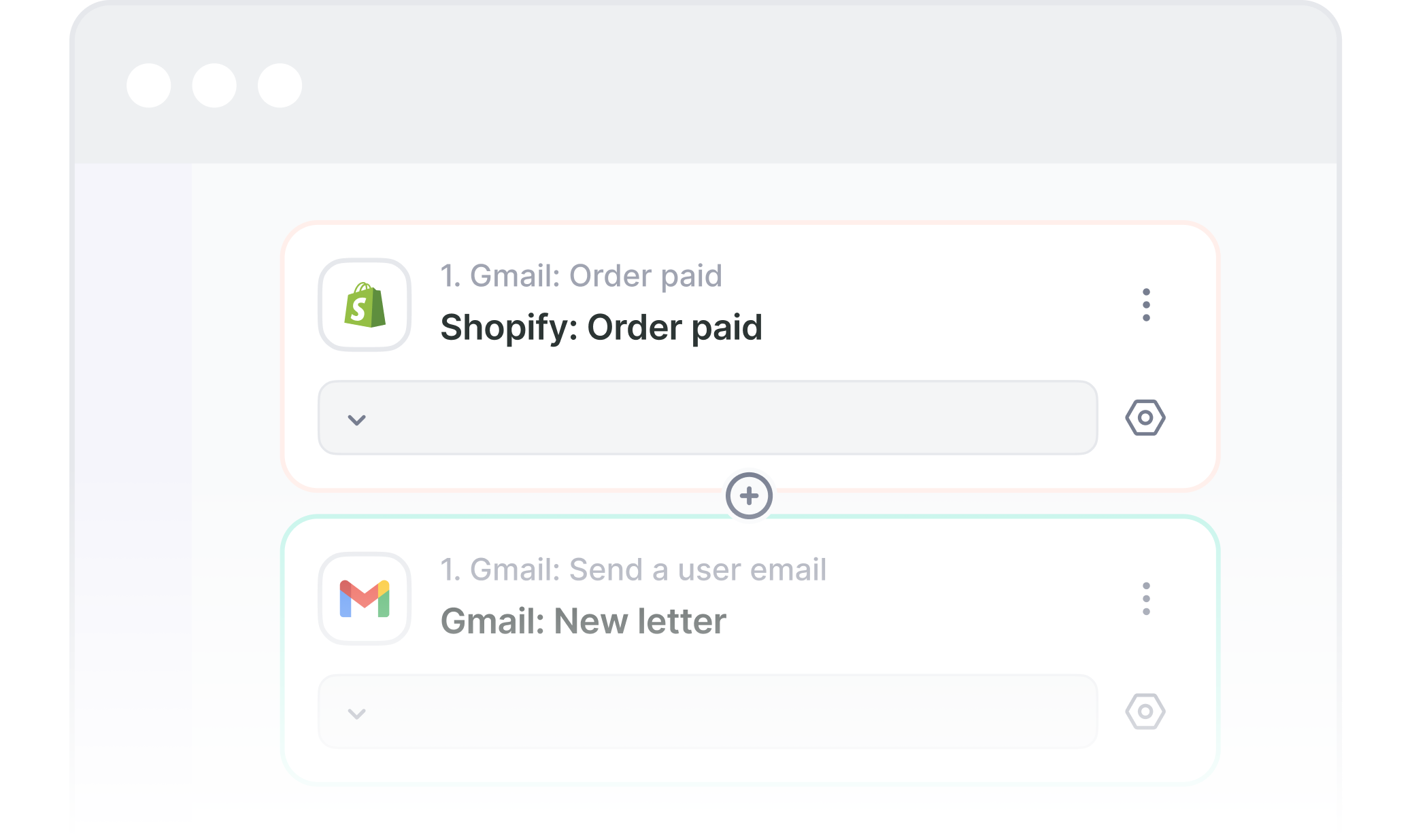 Mock interface of an automation builder with a Shopify trigger card connected to a Gmail action card