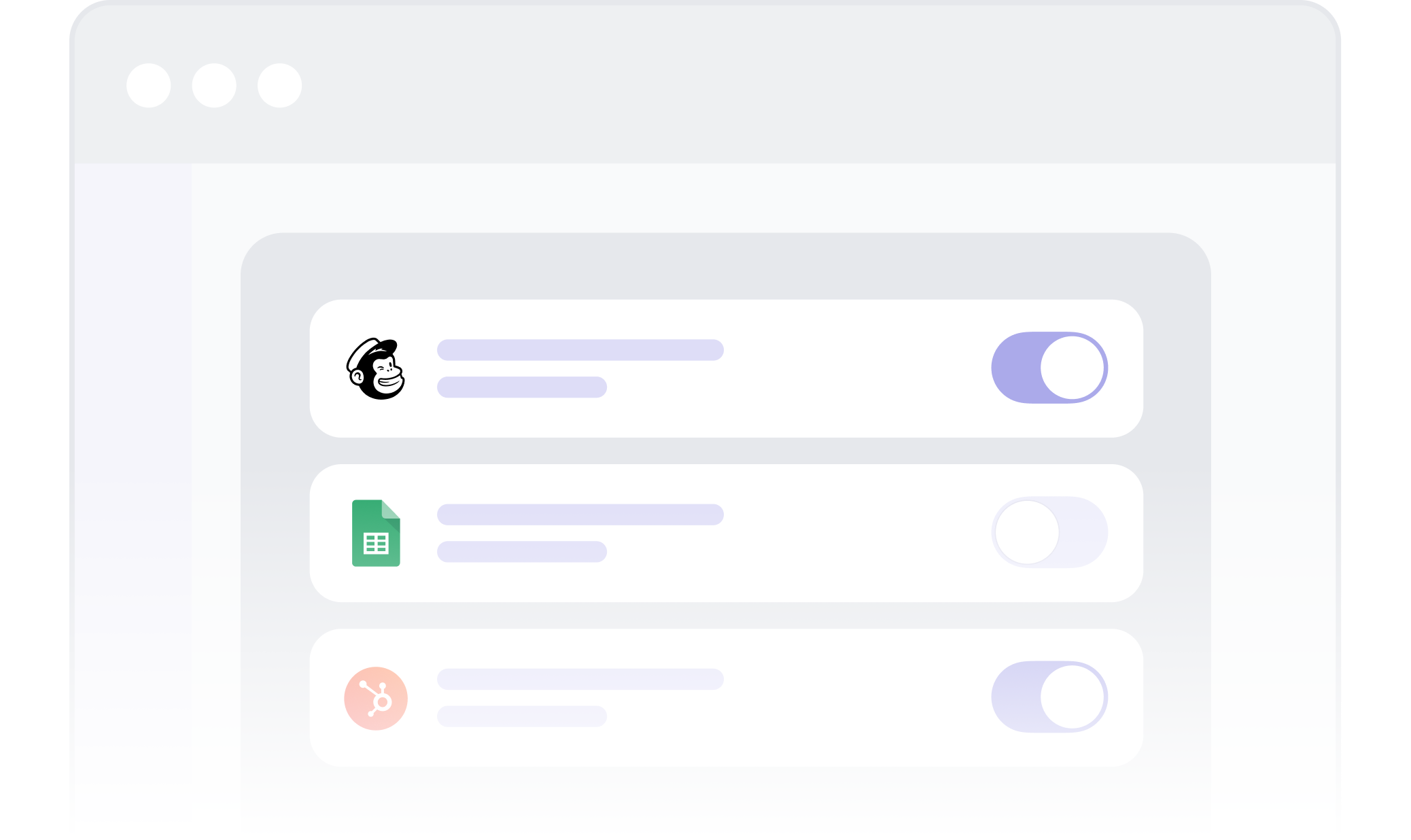 Mock interface listing automation templates with Mailchimp, Google Sheets and HubSpot rows, each with a toggle switch